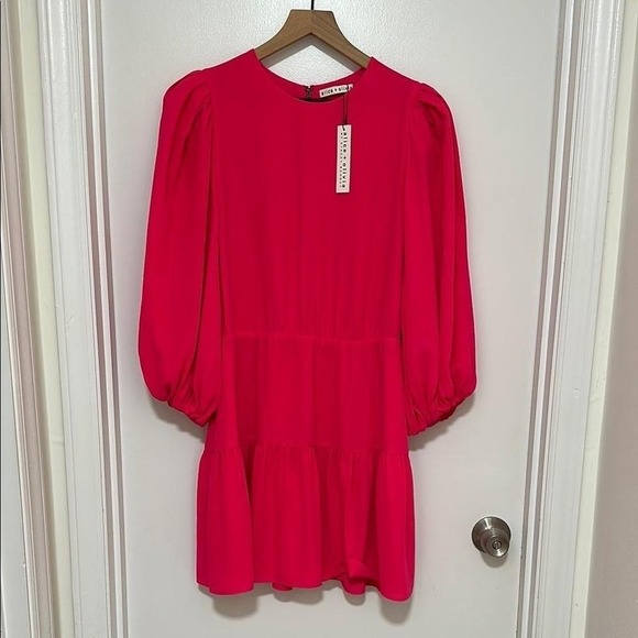 ALICE & OLIVIANWT Coral Shayla Tiered Puff Sleeve Crepe Mini Dress, Size 14
